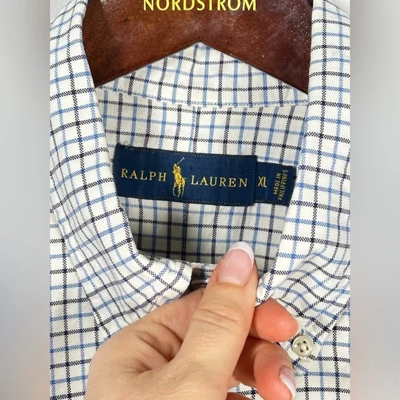 Ralph Lauren Classic Fit Cotton Check Shirt XL Navy White Logo - Picture 7 of 13
